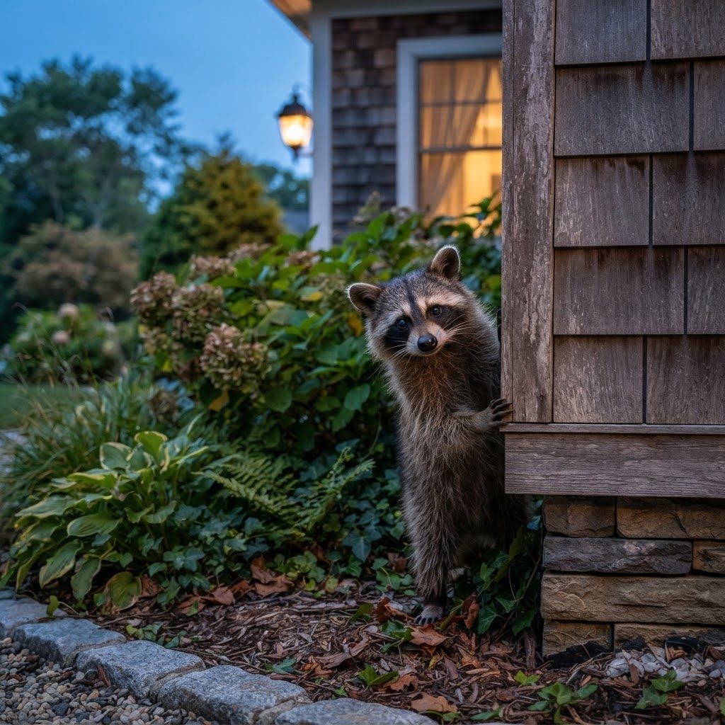 A raccoon peering out beside a house wall, representing TexPest wildlife exclusion work.