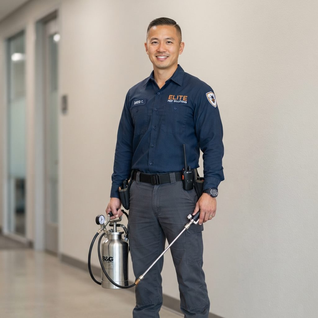 A uniformed TexPest technician ready to carry out a general pest control treatment.